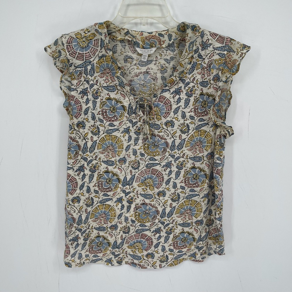 Lucky Brand Women's Multicolor Floral Ruffle Flutter Sleeve Top Blouse Size M